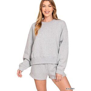Zenana Fleece Round Neck Sweatshirt and Shorts‎ Set